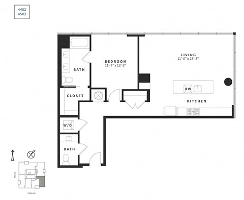 Floor plan for 1 bed, 1.5 baths, 1130 sqft